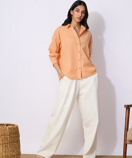 Cotton Linen Apricot Women Boyfriend Shirts