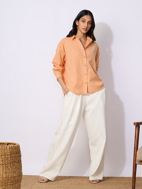Cotton Linen Apricot Women Boyfriend Shirts