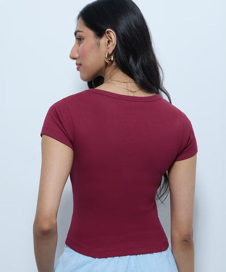Ribbed Top Raspberry Women T-Shirts
