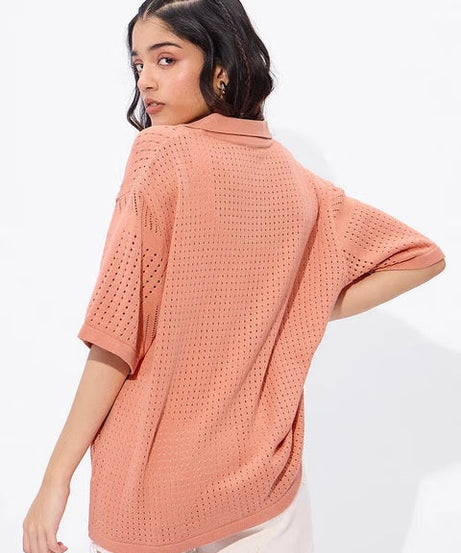 Open Knit Peach Women Boyfriend Shirts