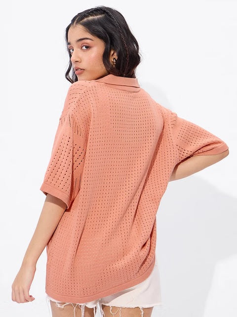 Open Knit Peach Women Boyfriend Shirts