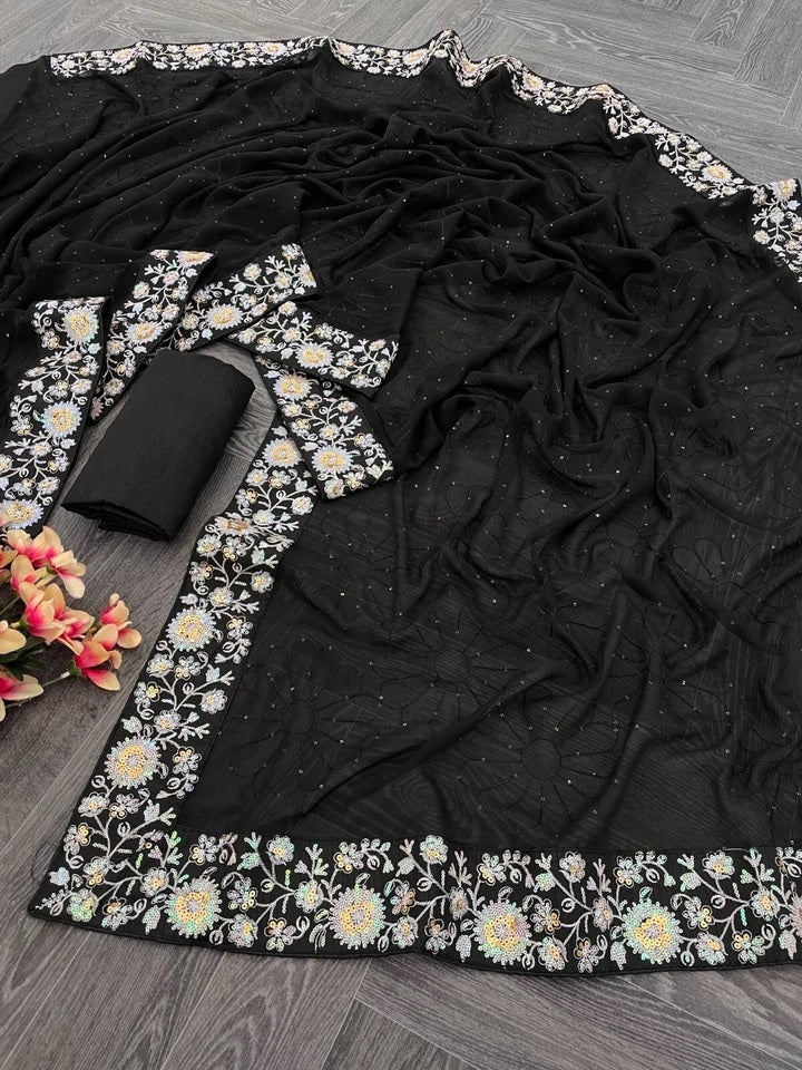 Women's  Beautiful Georgette Festival Wedding Wear Saree & Blouse 11-JR