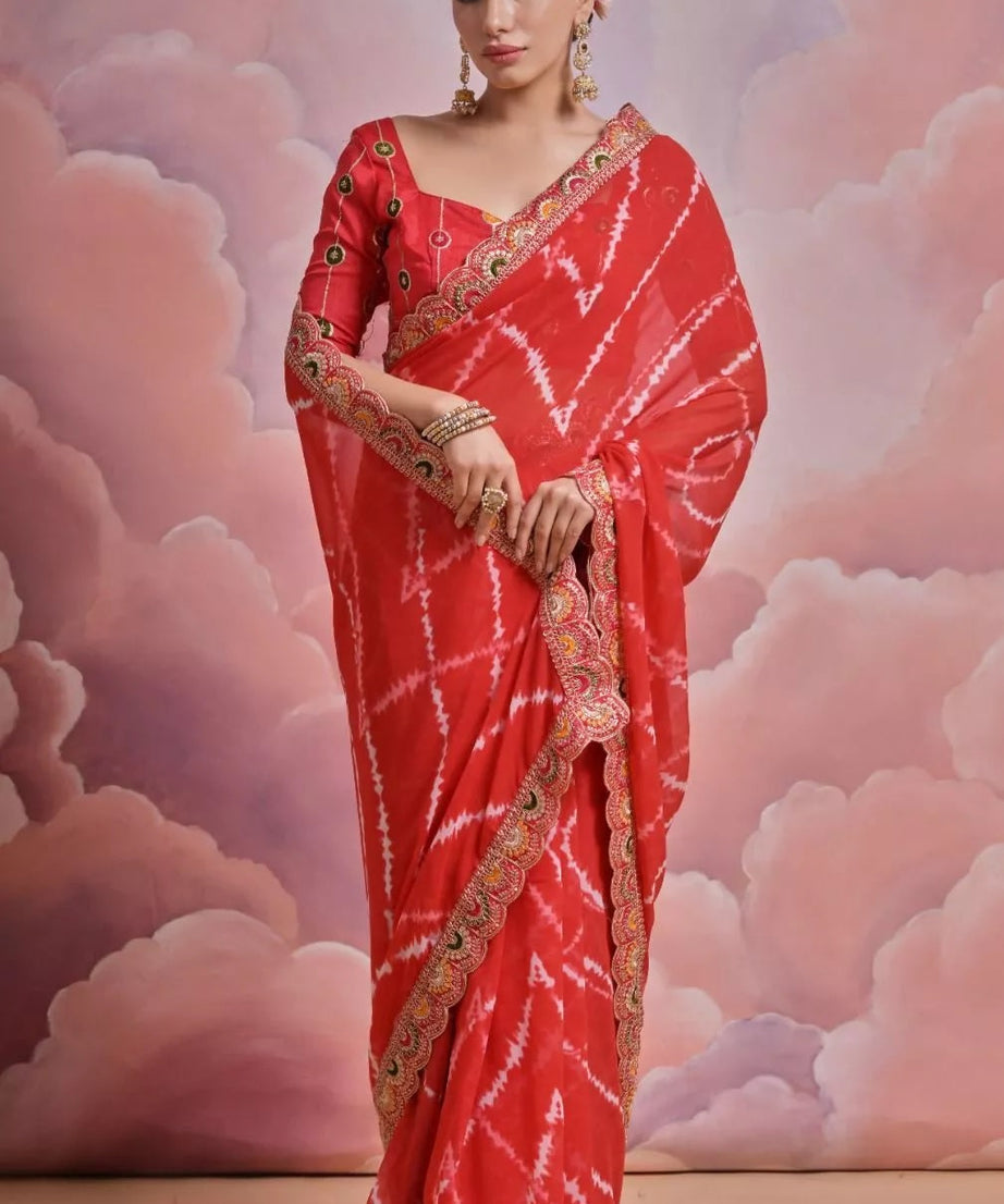 Soft Georgette Sari With Bhandhej Print And Designer Sari & Blouse