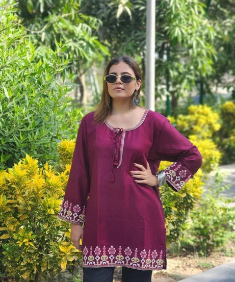 Short Stylish Heavy Rayon With Embroidery Work Printed Kurti