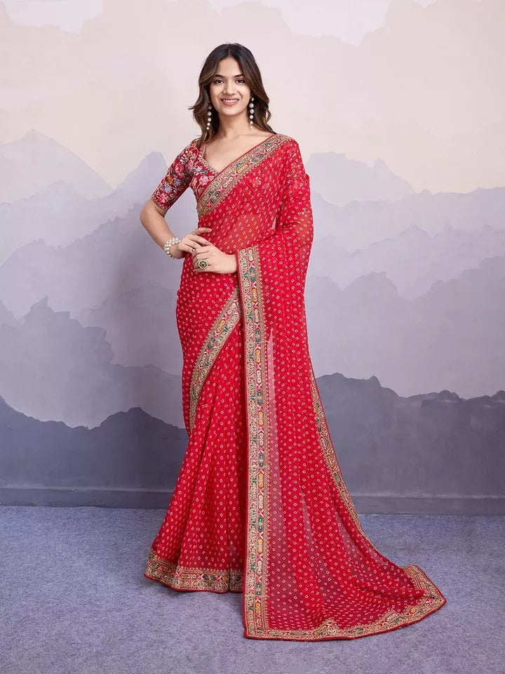 Georgette With Digital Print &Embroidery Work Sari With Blouse