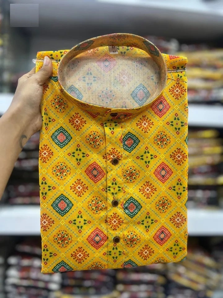 Traditional Wedding Wear Kurta, Party Wear Cotton Print Kurta For Men's