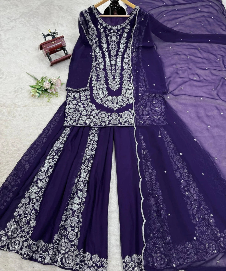 Full Stitched Faux Georgette Top Palazzo Dupatta