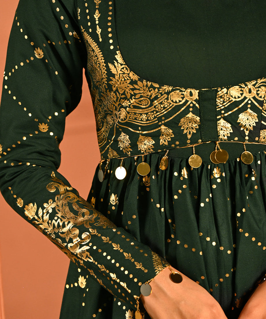 Luxury Emerald Green Gold Embroidered Anarkali Dress For Women(3XL)