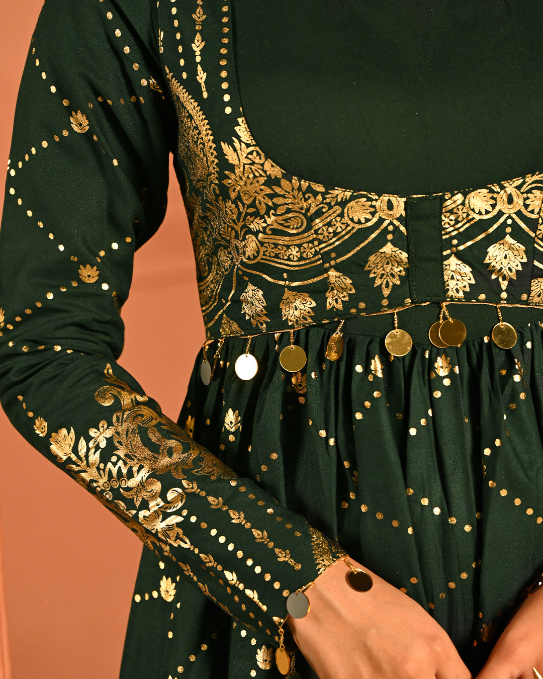 Luxury Emerald Green Gold Embroidered Anarkali Dress For Women(3XL)
