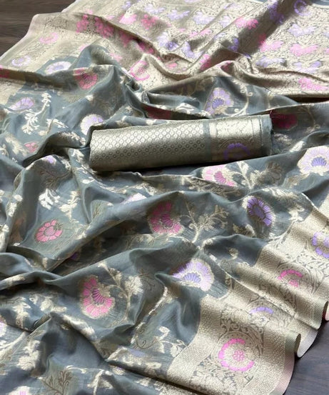 Soft Organza Jacquard Saree,Function Wedding Sari With Blouse