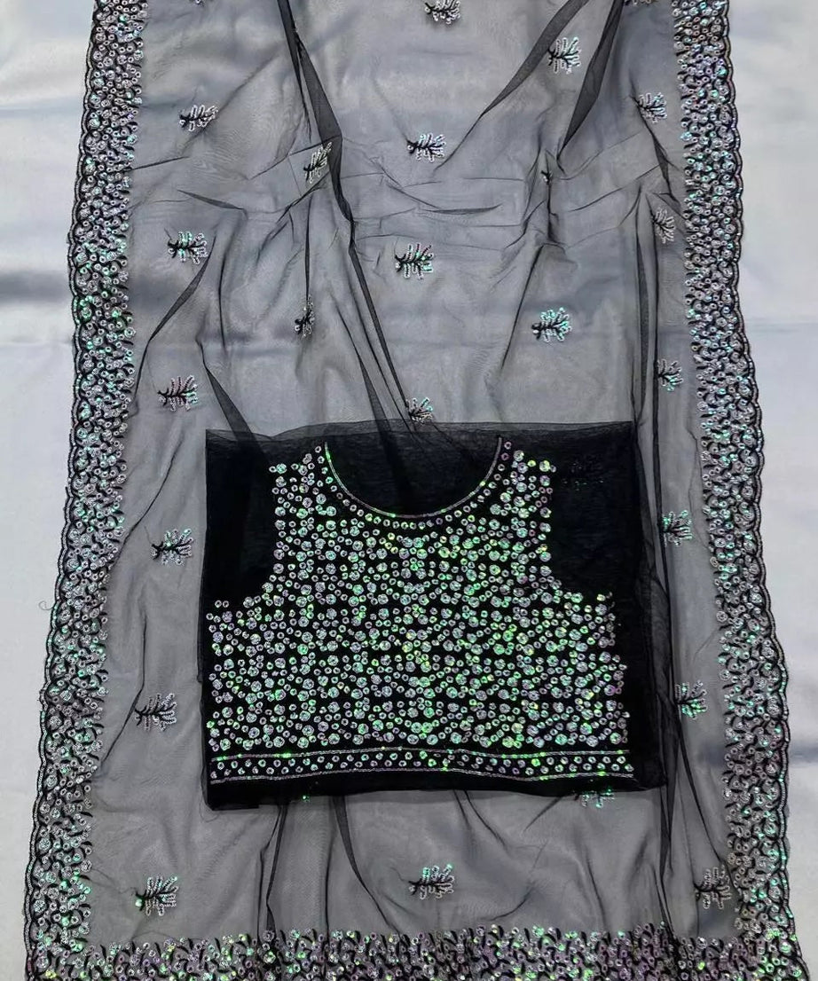 Soft Net  3MM Sequence Embroidery Work Saree & Blouse