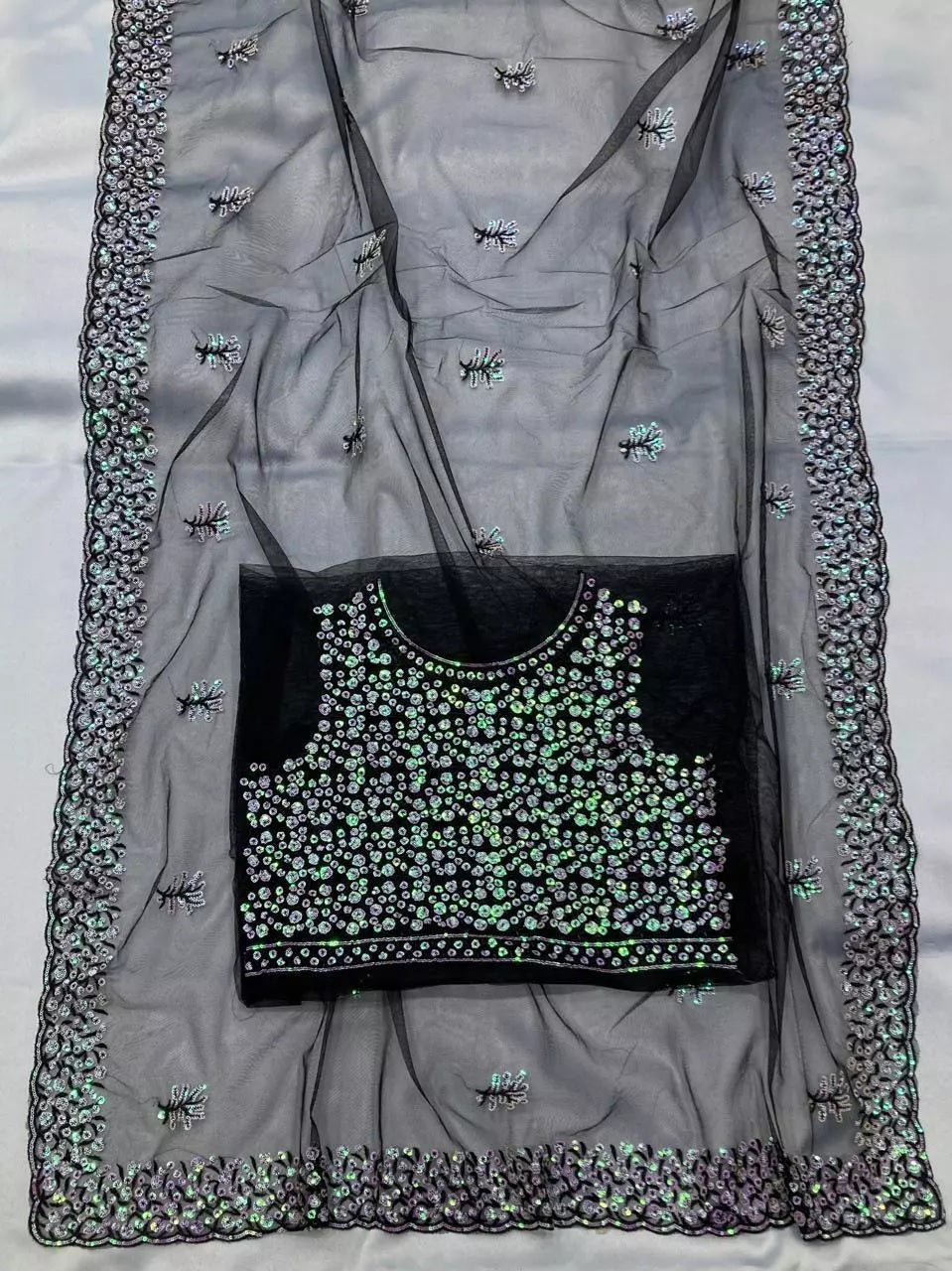 Soft Net  3MM Sequence Embroidery Work Saree & Blouse