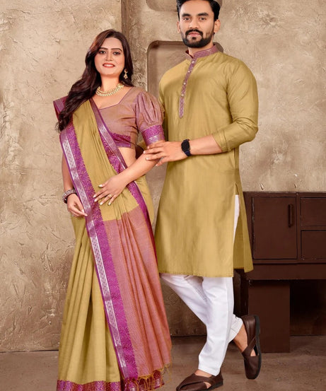 Linen Silk Kurta And Saree Set & Couple Combo Set