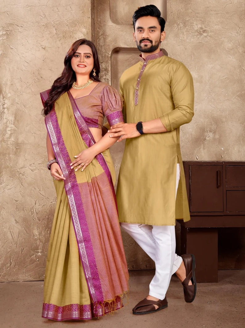 Linen Silk Kurta And Saree Set & Couple Combo Set