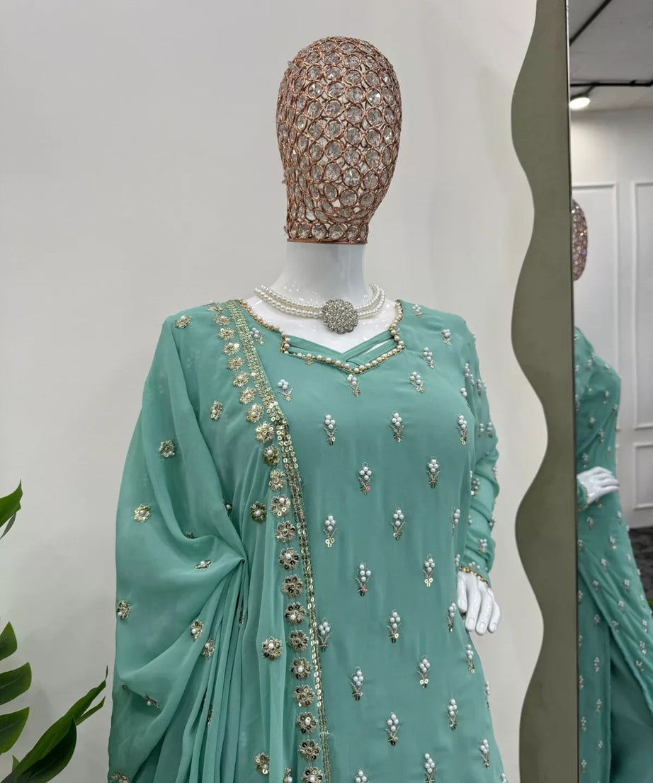 Traditional Fancy Wear Faux Georgette Top Pant With Dupatta