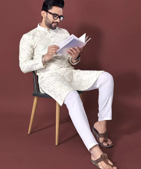 Soft Silk With White Embroidery Thread Work Kurta Pajama Set For Men's
