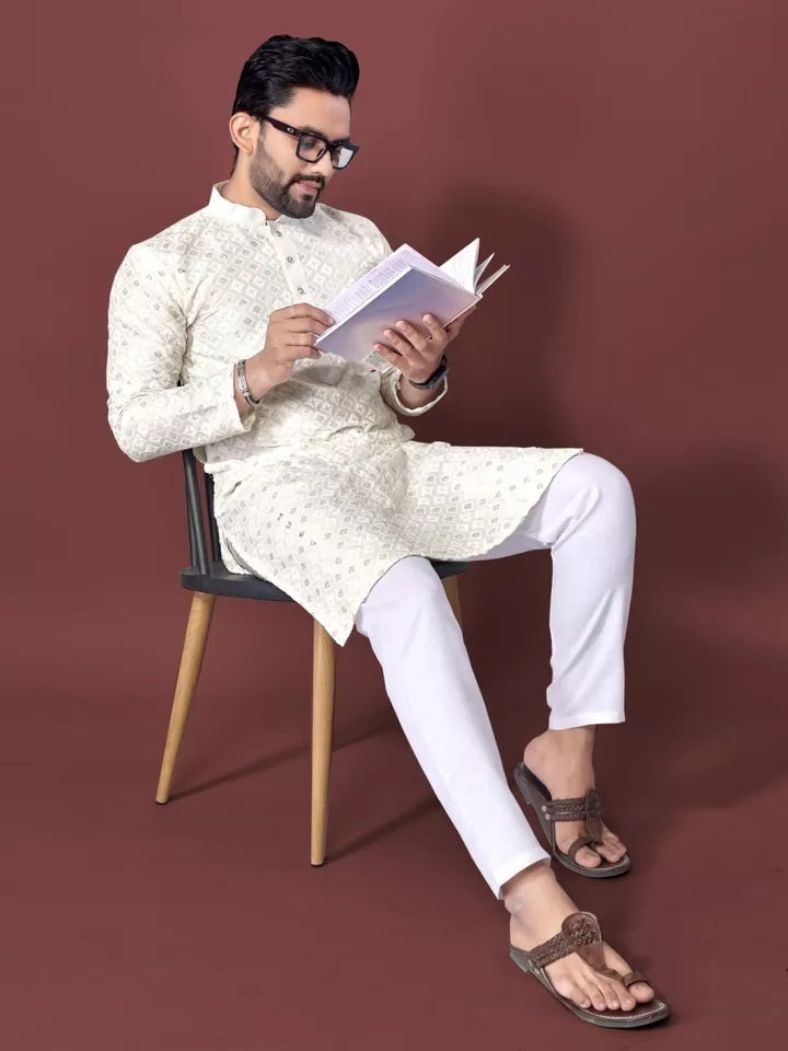 Soft Silk With White Embroidery Thread Work Kurta Pajama Set For Men's