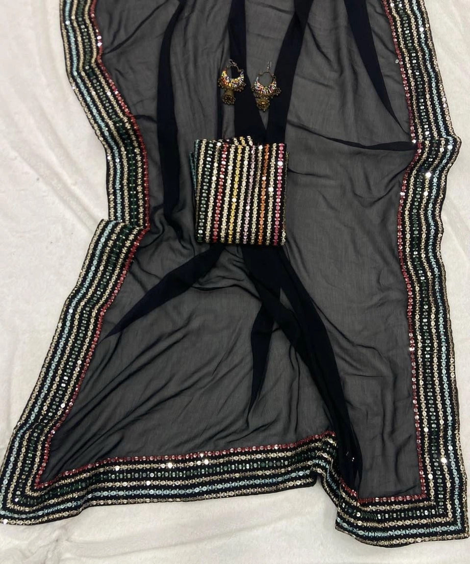 Beautifull Smooth Georgette Black Saree With Blouse For Women's