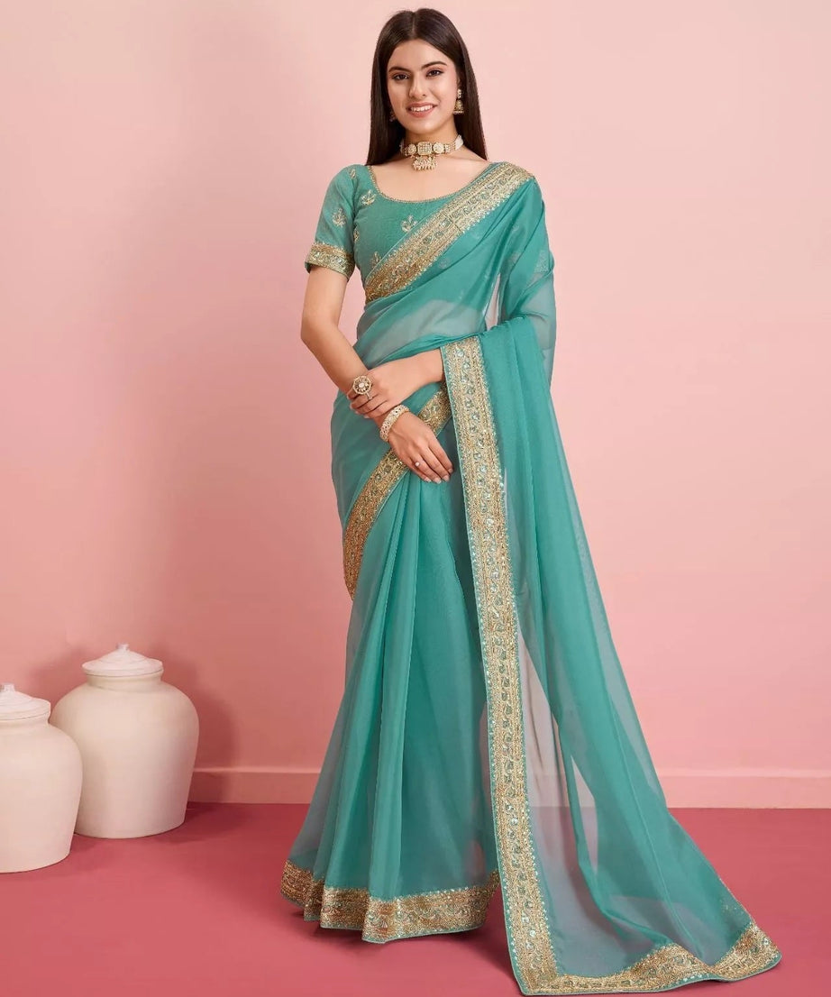 Tabby Silk Organza With Embroidery Lace Work Sari &  Blouse