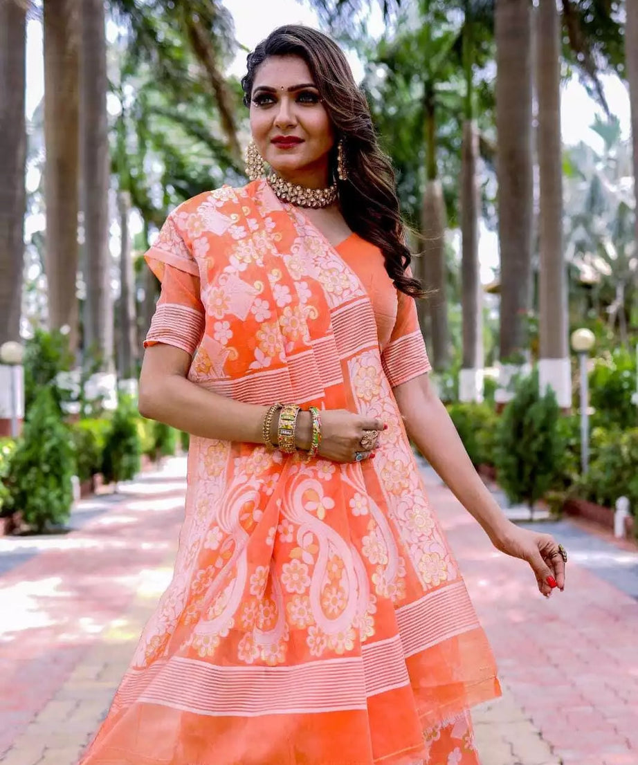 Soft Cotton Jamdani With Gold Zari Weaving Work  Sari & Blouse