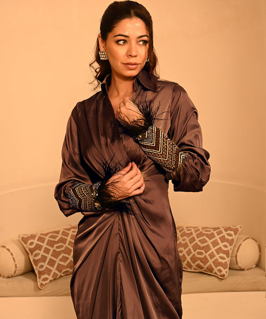Women's Satin Knot Waist Maxi Dress Elegant Long Sleeve Occasion Wear