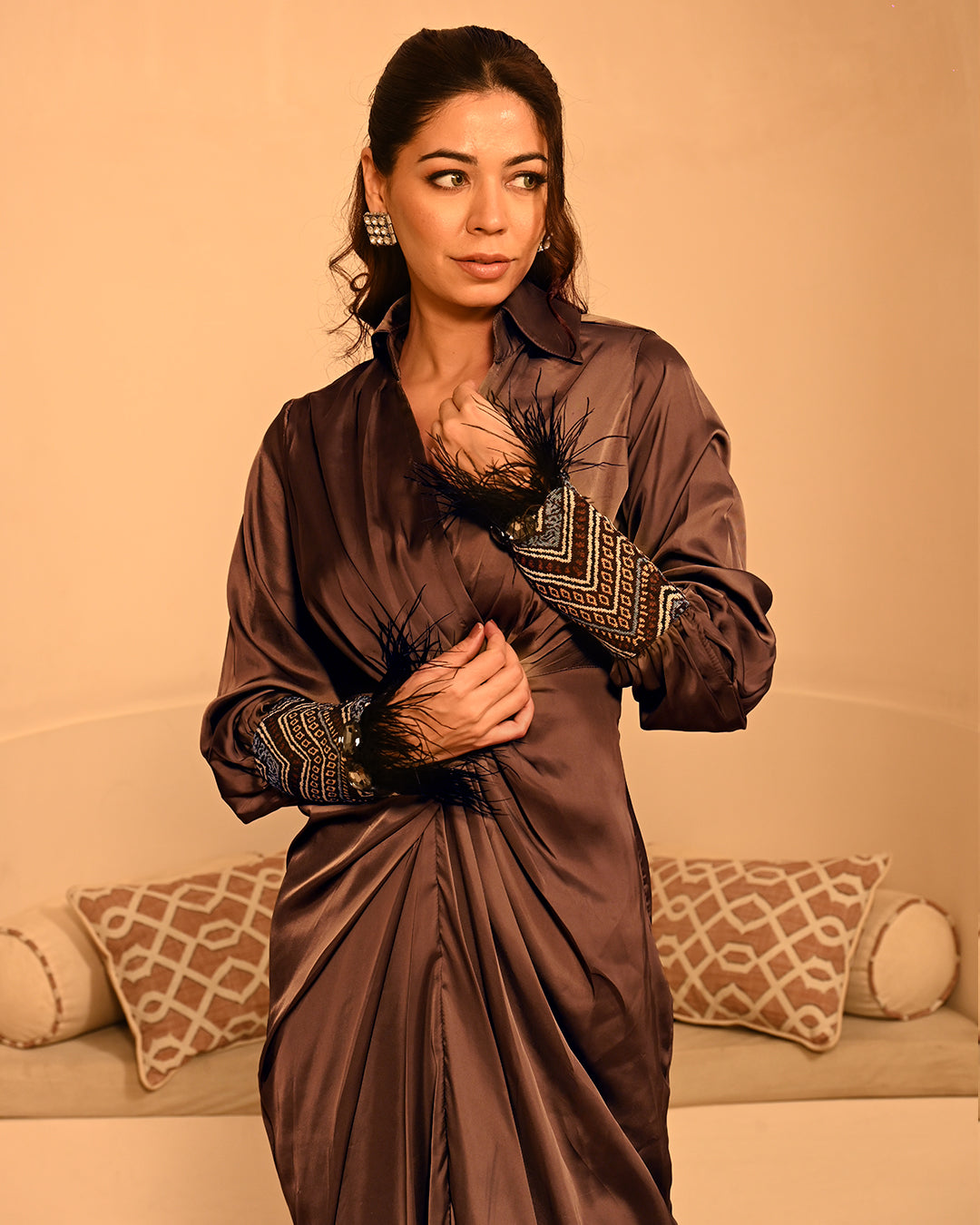 Women's Satin Knot Waist Maxi Dress Elegant Long Sleeve Occasion Wear