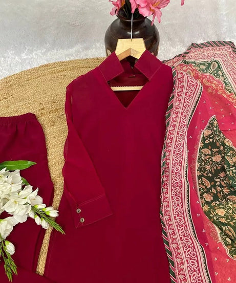 Faux Georgette Kurti Pant Duppata Set For Women's