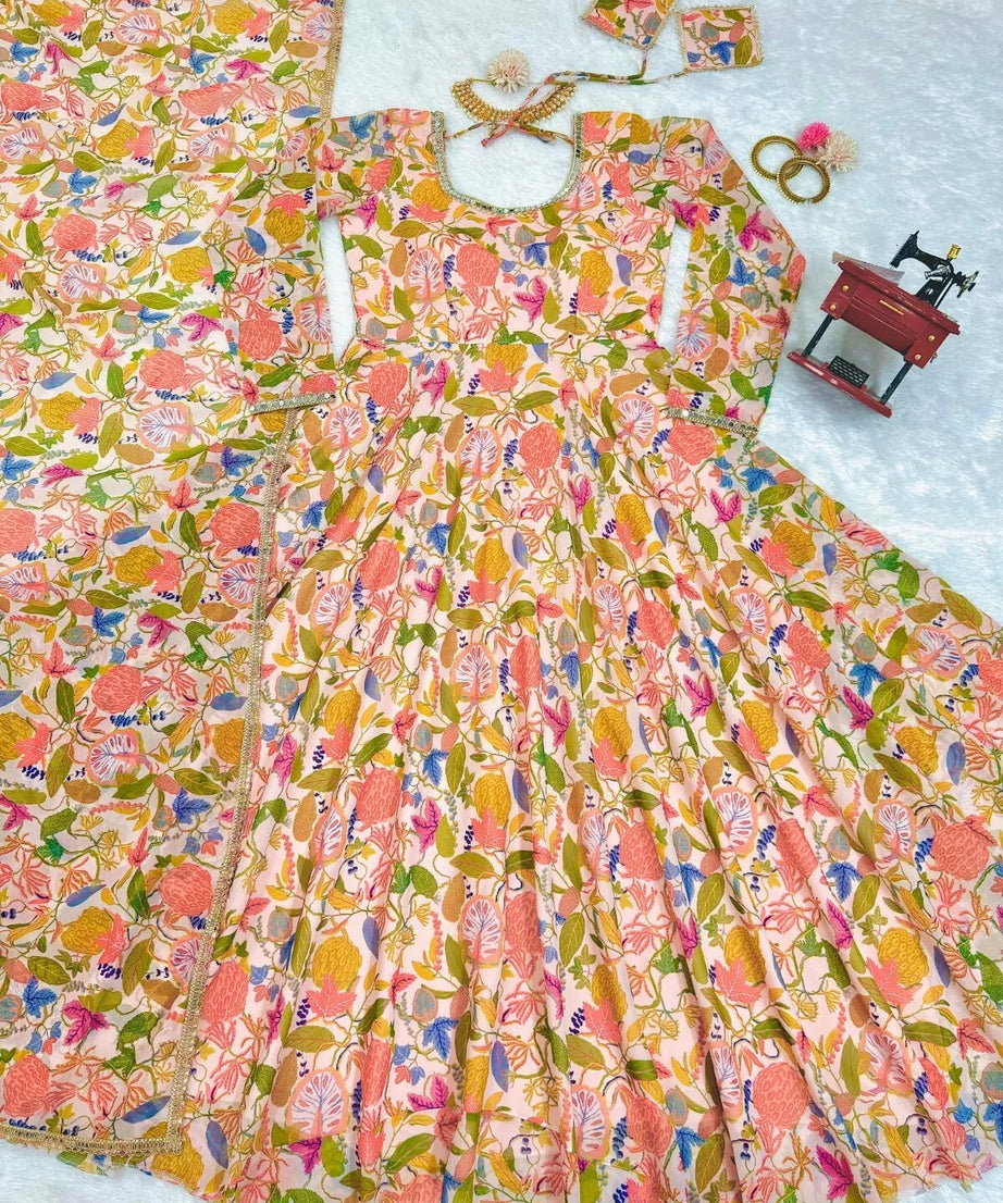 Georgette With Inner  Digital Print Mirror Work Anarkali Suit & Dupatta