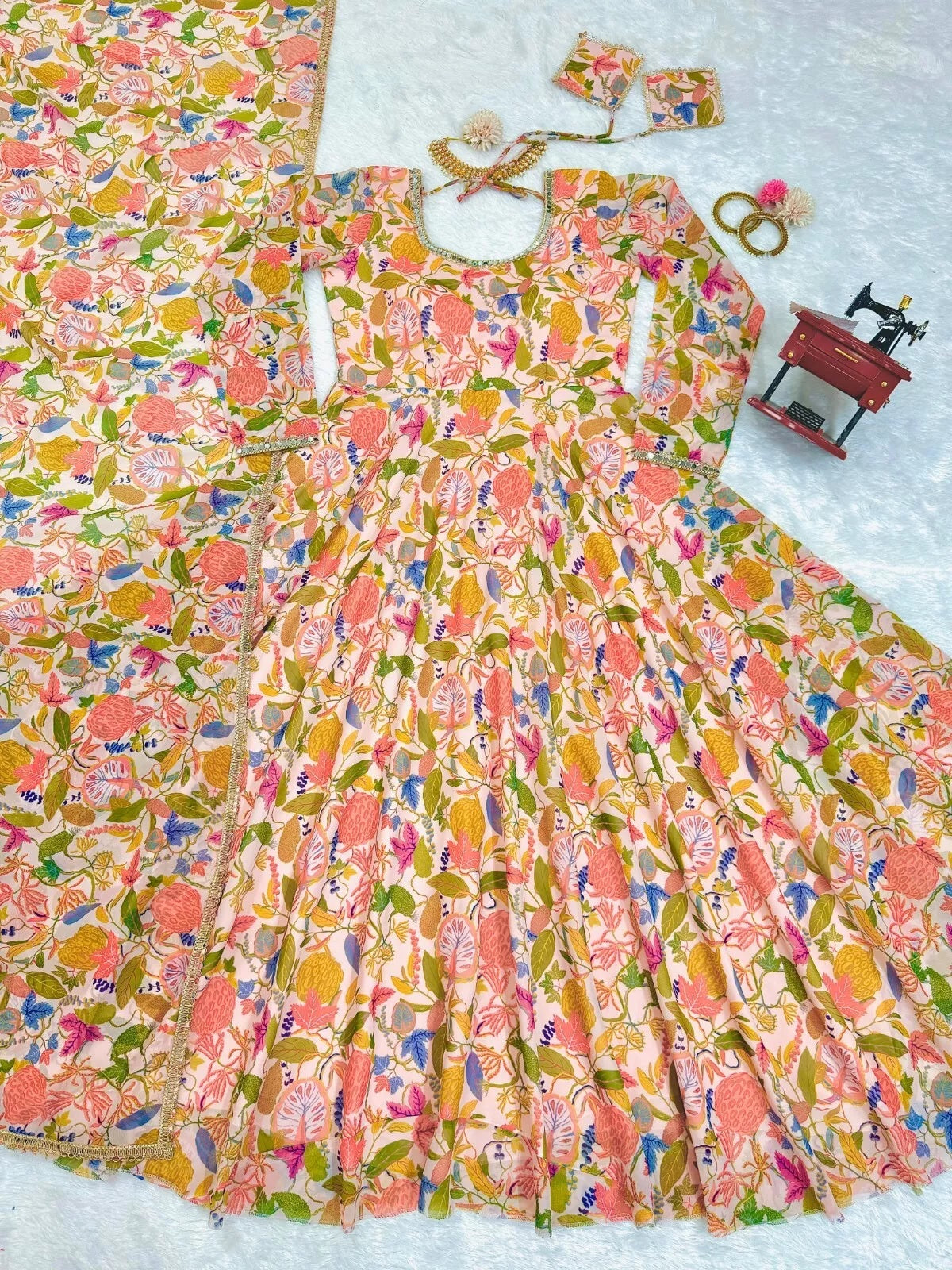 Georgette With Inner  Digital Print Mirror Work Anarkali Suit & Dupatta