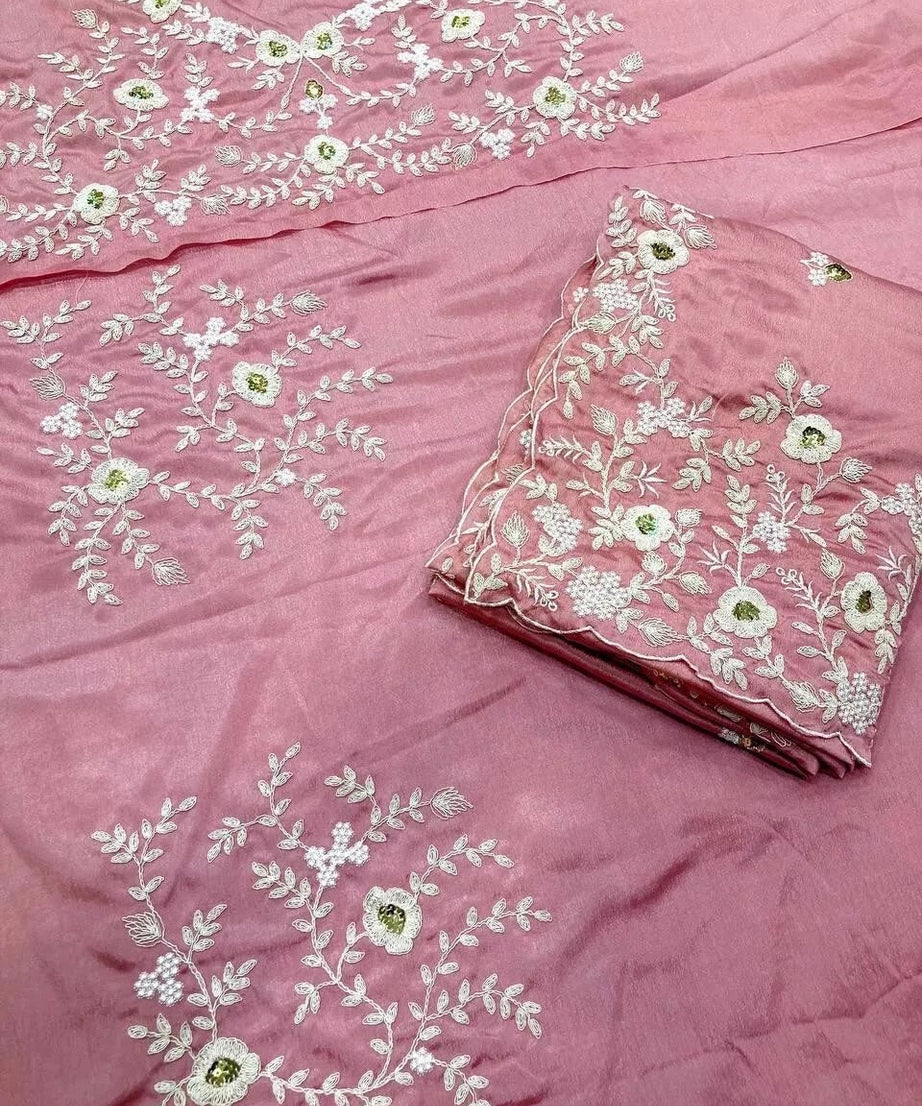 Pink Pure Chinon Silk With Embroidery Work Sari & Blouse