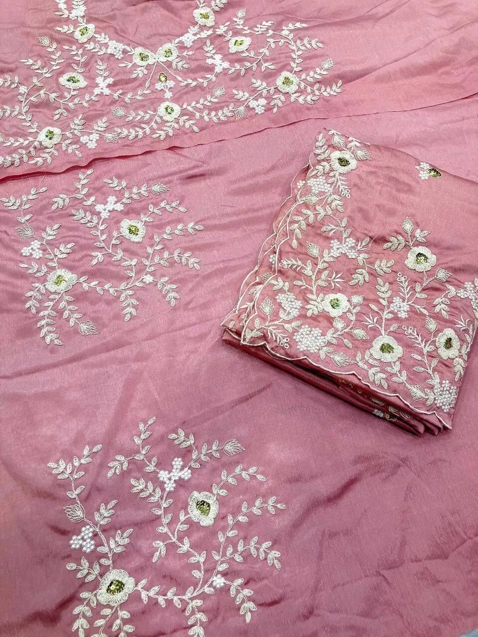 Pink Pure Chinon Silk With Embroidery Work Sari & Blouse