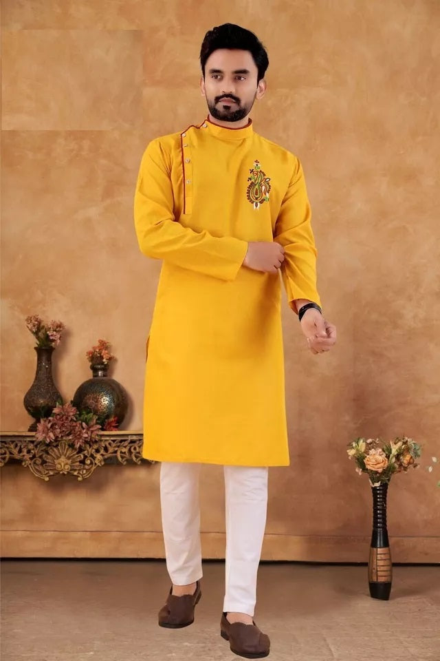 Men's Slub Cotton Kurta Pajama Set, Traditional Wedding Wear Long Kurta Set