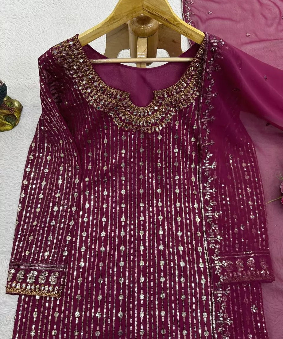 Georgette Function Style Top Pant With Dupatta Set