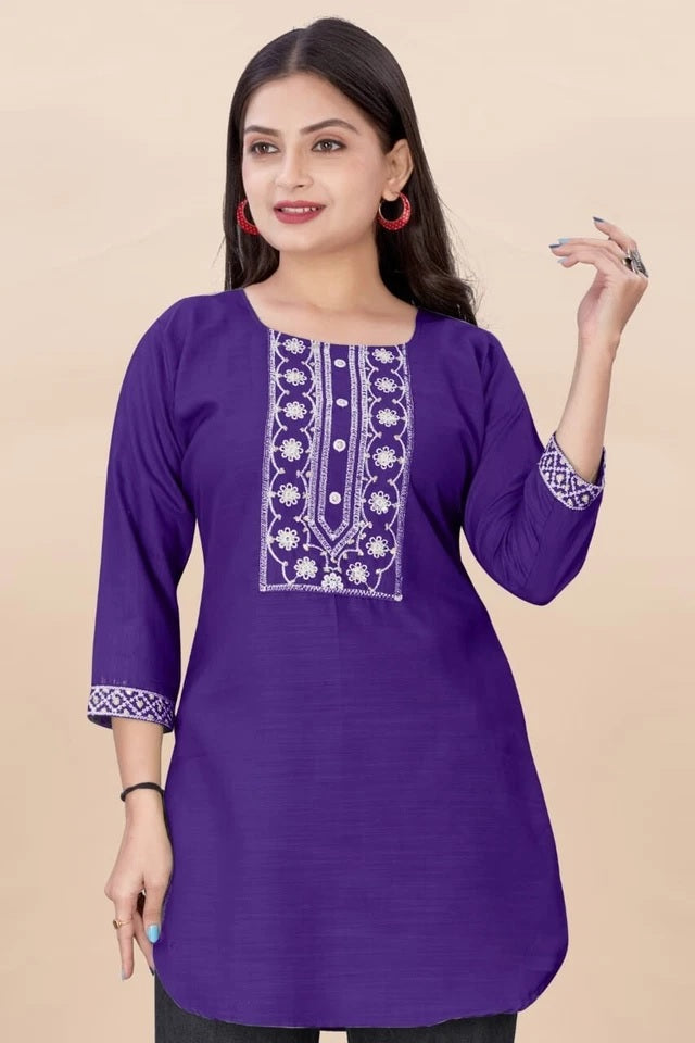 Stylish Rayon Kurti, With Embroidery Sequens Work Short Top Kurti