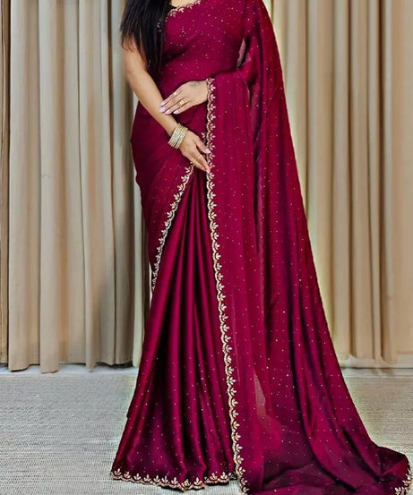 Traditional Wedding Pure Soft Satin Chiffon Saree,Stylish Sari And Blouse