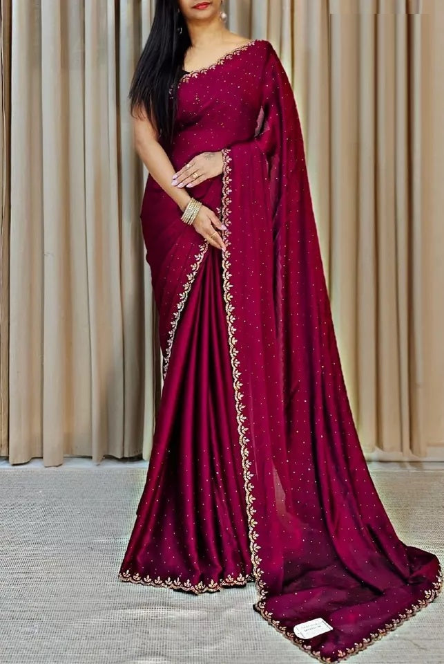 Traditional Wedding Pure Soft Satin Chiffon Saree,Stylish Sari And Blouse
