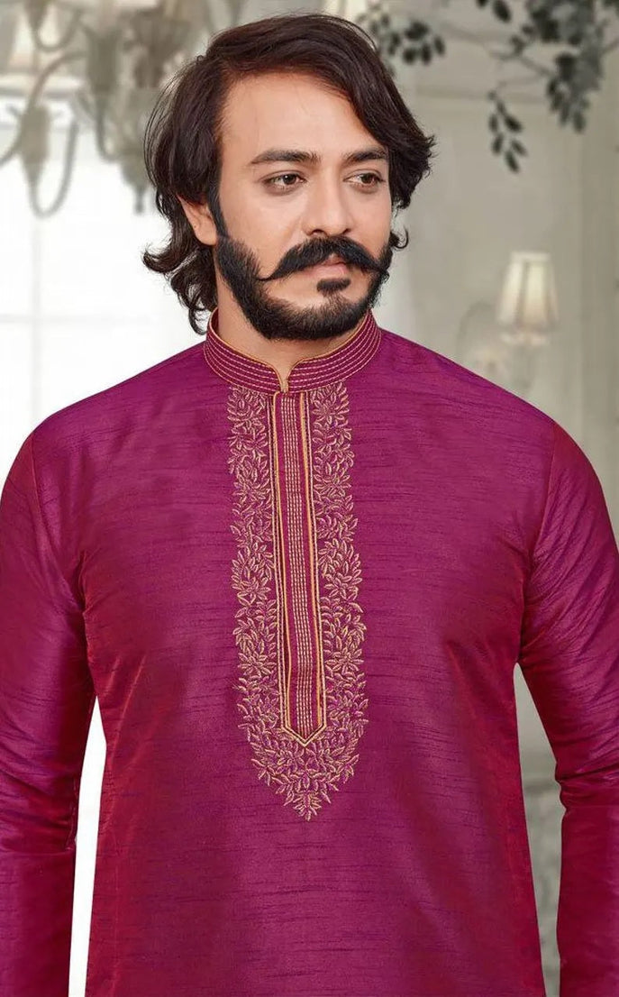 Heavy Silk With Embroidery Work Kurta Pajjama Men's Set