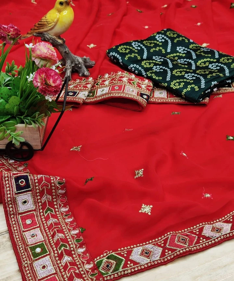 Designer Fancy Faux Georgette Embroidery With Real Mirror Work Saree & Blouse 11-RV