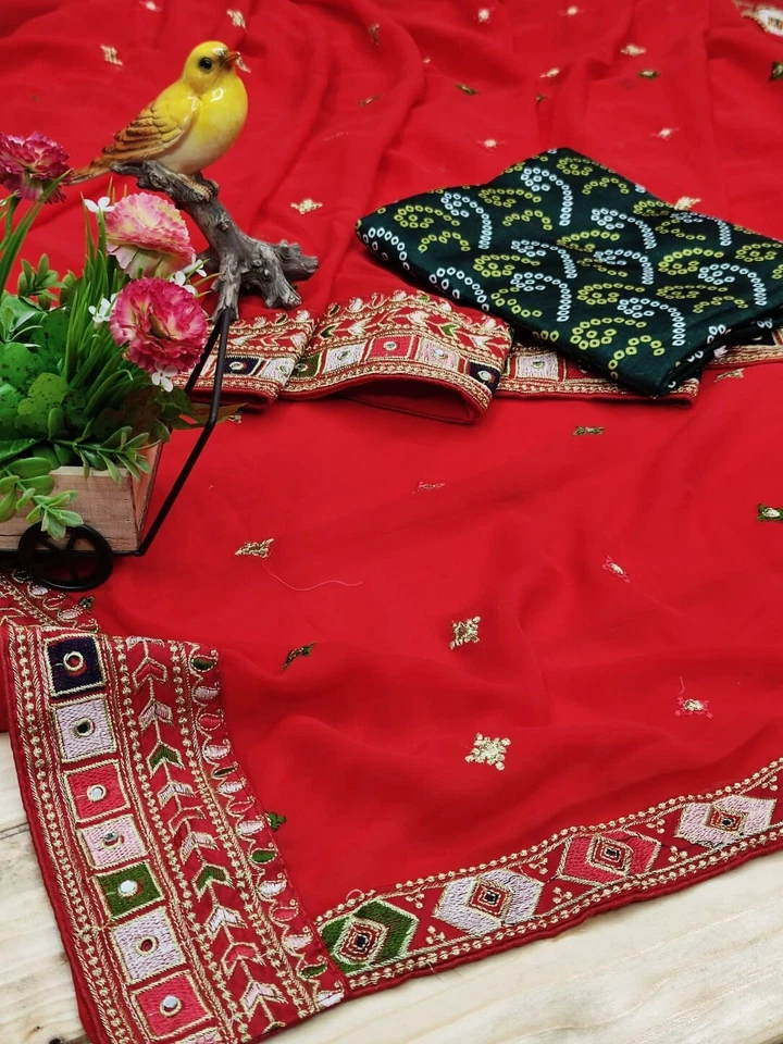 Designer Fancy Faux Georgette Embroidery With Real Mirror Work Saree & Blouse 11-RV