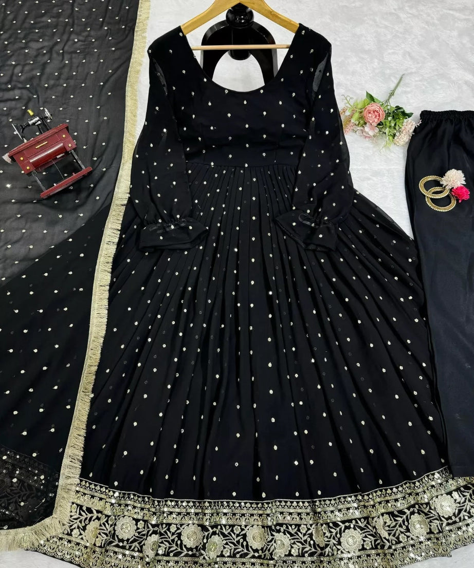 Faux Georgette With Thread Sequence Work Top Pant Dupatta