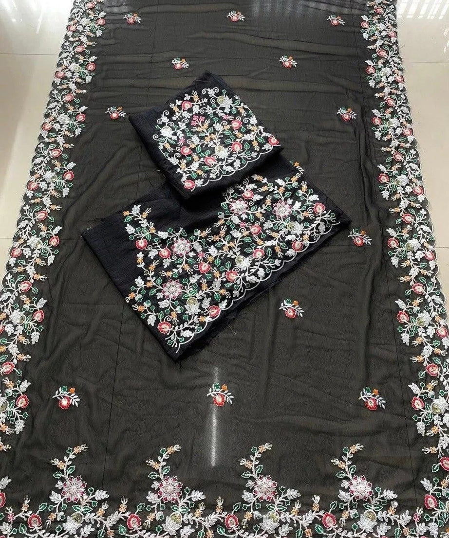 Georgette Embroidery Work Saree With Blouse,Party Wear Designer Saree