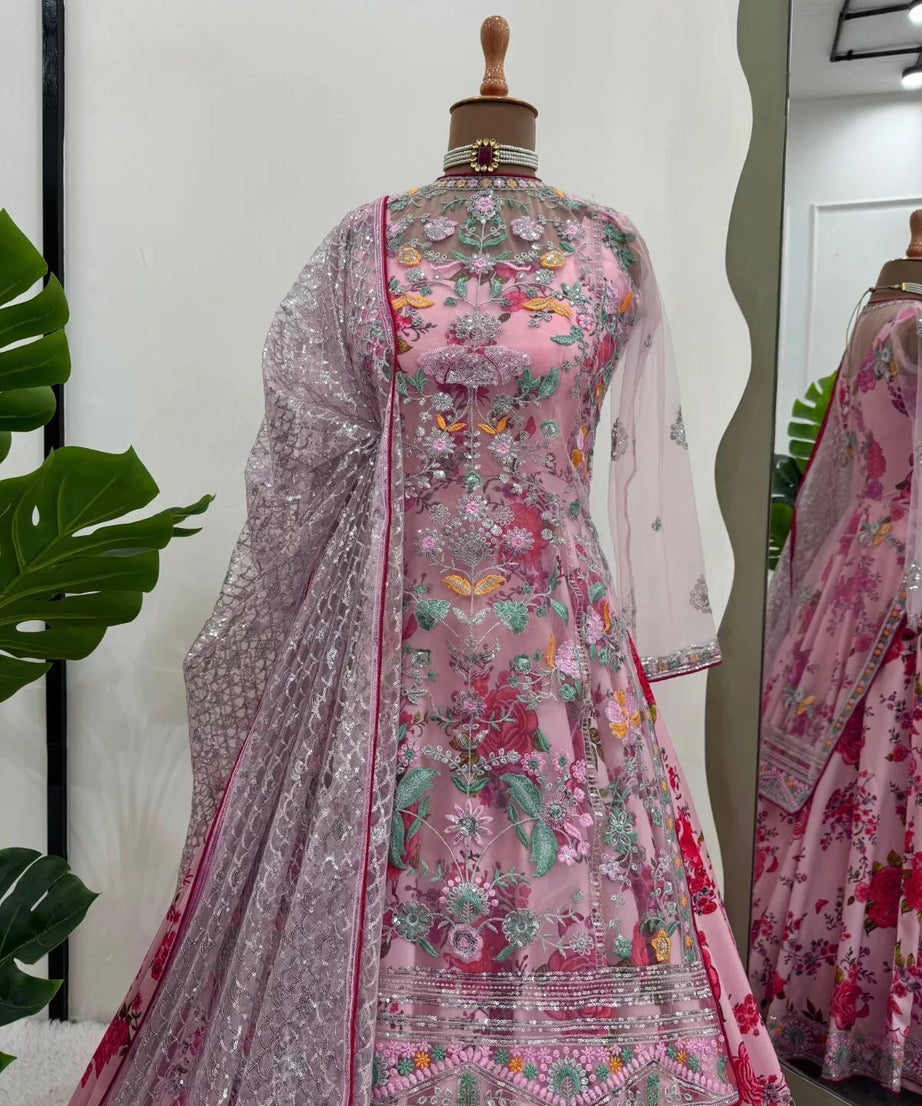 Butterfly Net With Thread & Sequence Work Bollywood Style Top Lehenga & Dupatta