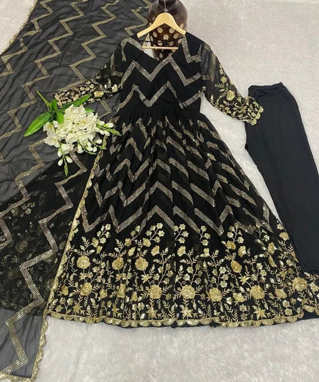 Fox Georgette With Embroidery Work With Full Sleeve Gown Bottom Dupatta Set