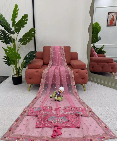 Pink Heavy Soft Tissue Organza Silk Saree, Wedding Wear Sari With Blouse