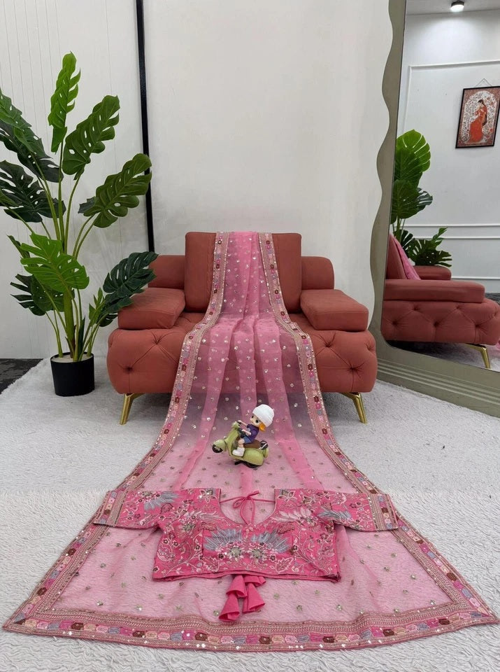 Pink Heavy Soft Tissue Organza Silk Saree, Wedding Wear Sari With Blouse