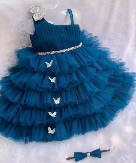 Lovely Sequins Bow and Diamond Belt Net Frock for Baby Girls