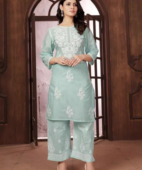 Heavy Cotton With Chikankari Embroidery Work Kurti Pant