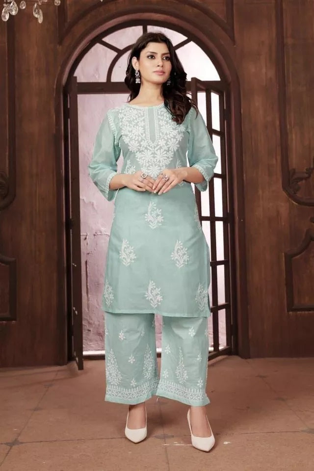 Heavy Cotton With Chikankari Embroidery Work Kurti Pant