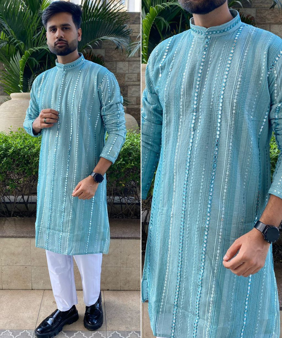 Men\s Heavy Georgette With Heavy Embroidery Work Kurta Pajama Set