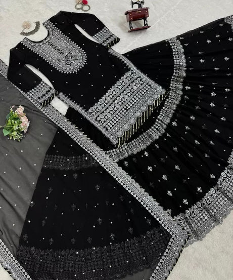 Bollywood Style Faux Georgette Top Sharara With Dupatta